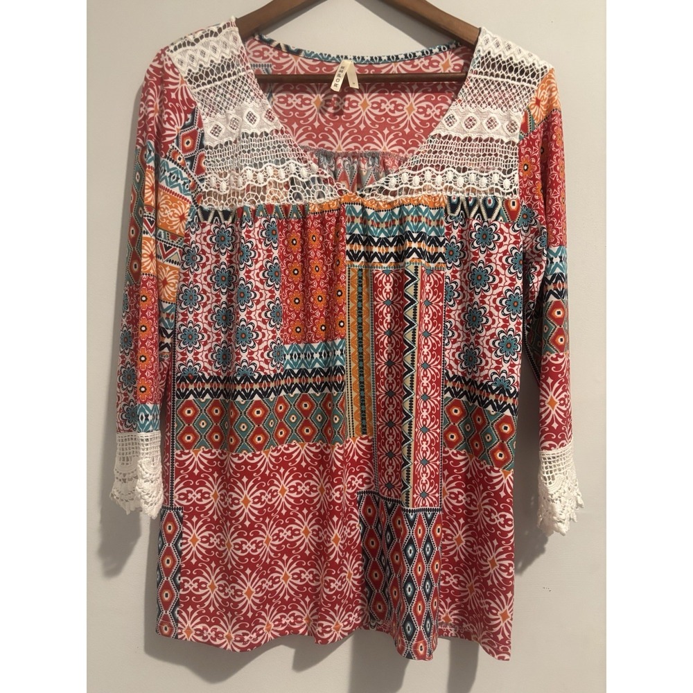 Roper Blouse Women's Patchwork Topโ Country Southwestern Lace Accepts Medium Red